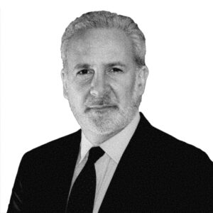 A black and white portrait of American stock broker and private economist, Peter Schiff